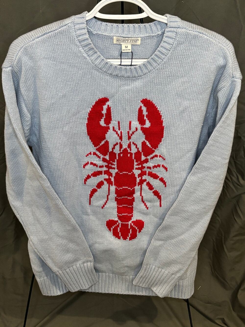 NWT Mighty Fine Women’s Lobster Sweater Light Blue Red Nautical Coastal Size M